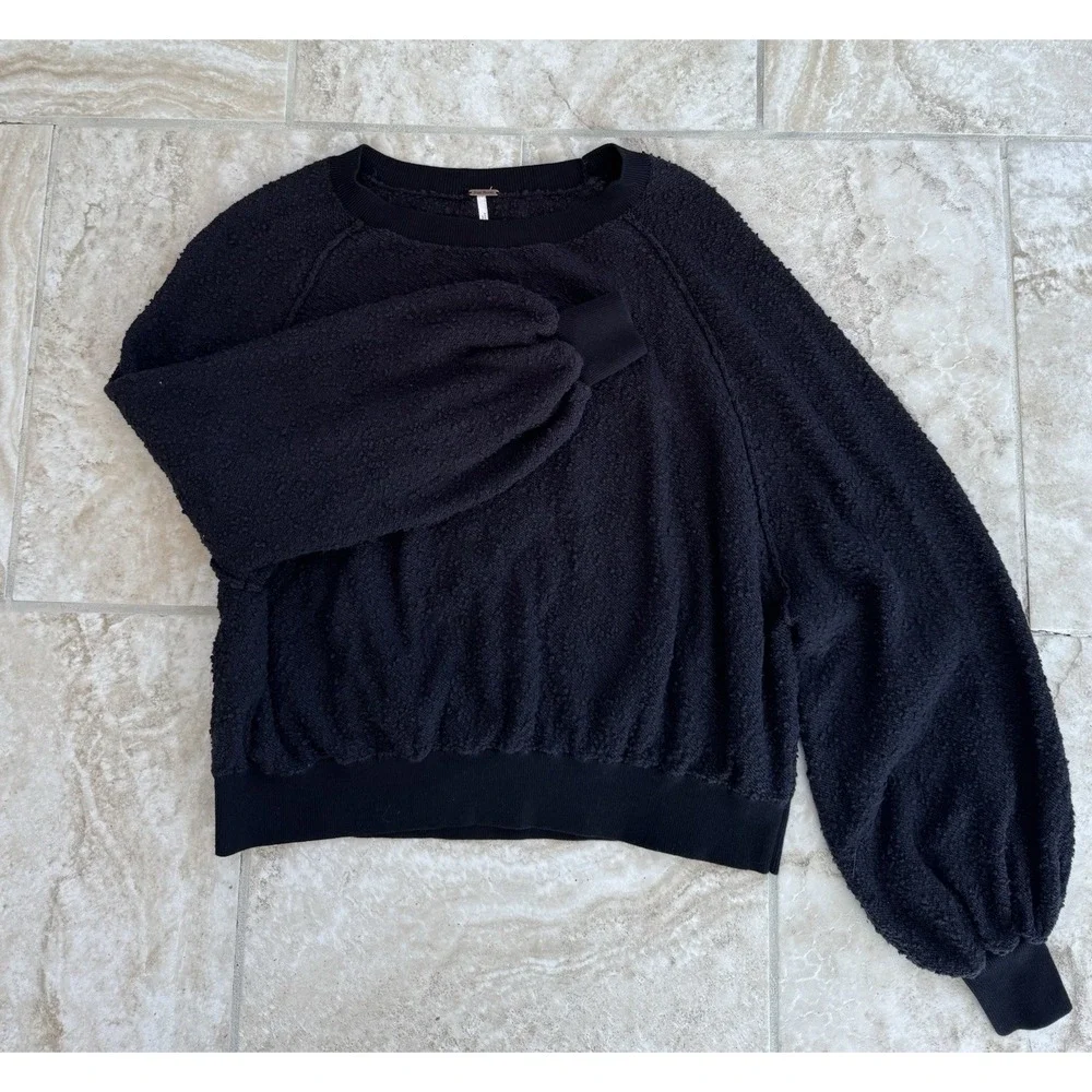 FREE PEOPLE WOMEN'S BLACK‎ LONG SLEEVE TEXTURED FOUND MY FRIEND PULLOVER Size XS